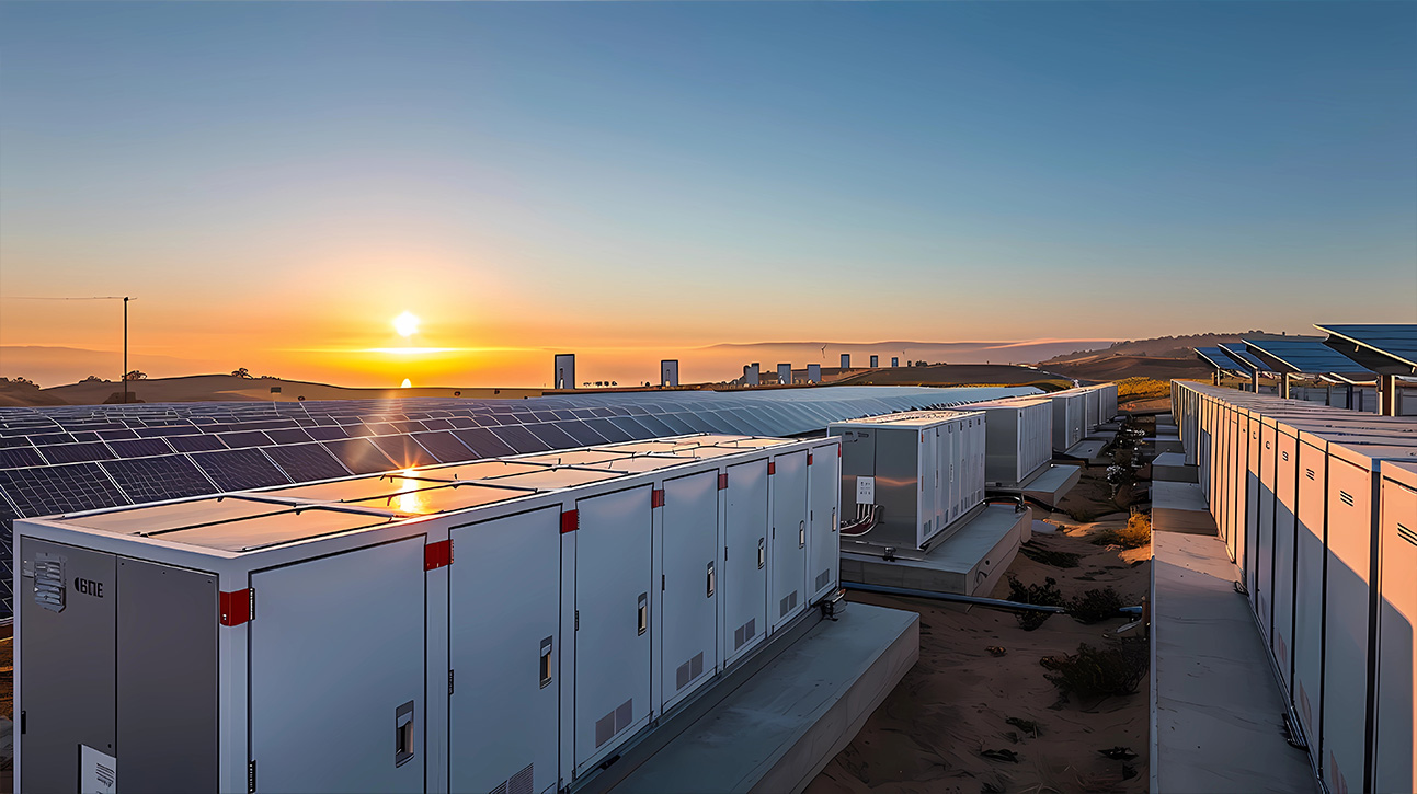 Renewable Energy. Energy storage outside with the sun shining in the background.